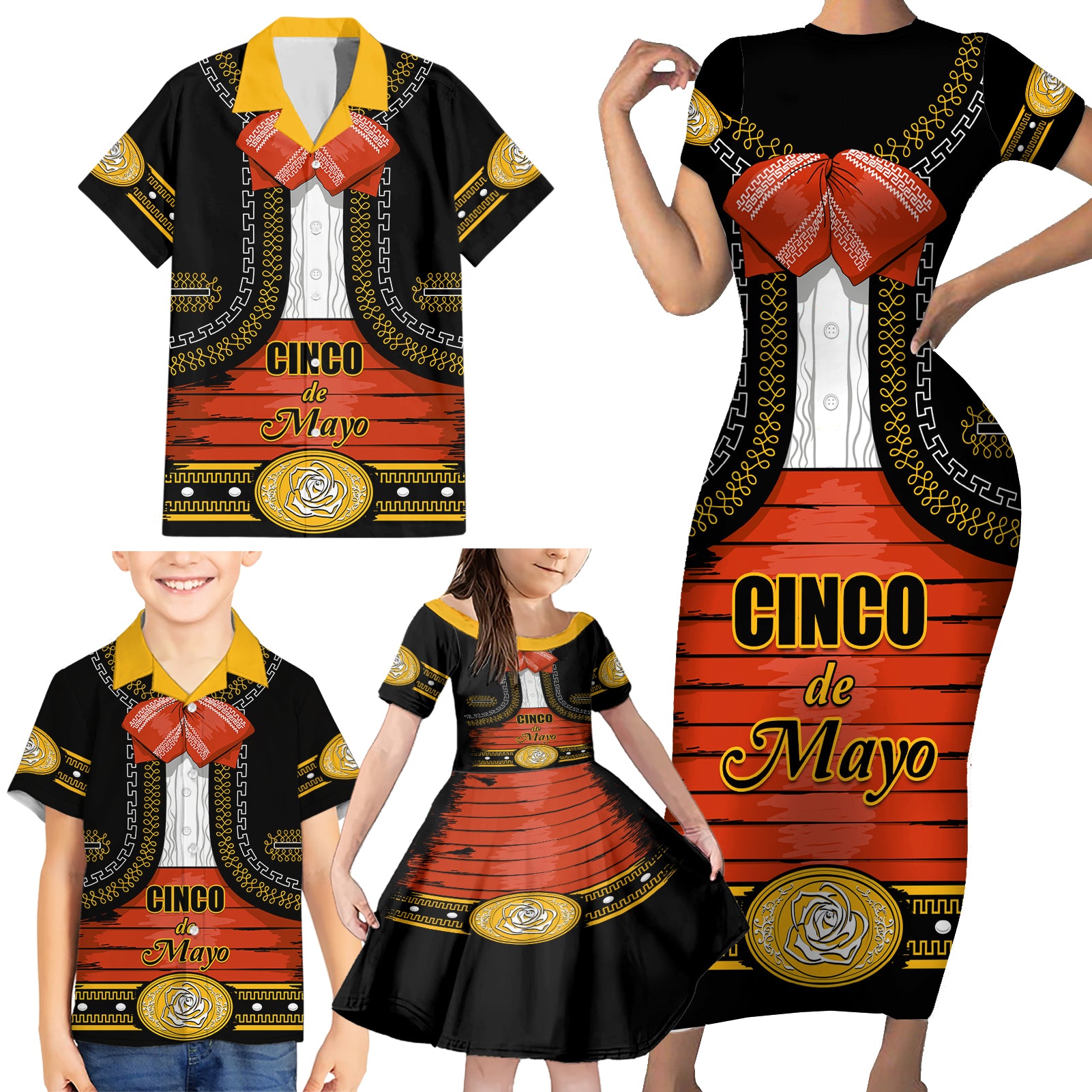 Cinco de Mayo 2024 Family Matching Short Sleeve Bodycon Dress and Hawaiian Shirt Traje de Charro Style - Wonder Print Shop