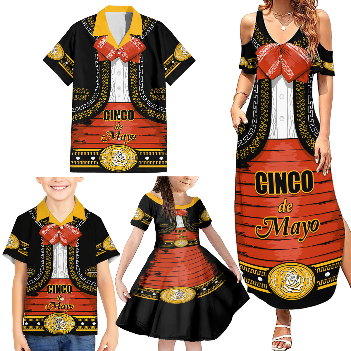 Cinco de Mayo 2024 Family Matching Summer Maxi Dress and Hawaiian Shirt Traje de Charro Style - Wonder Print Shop