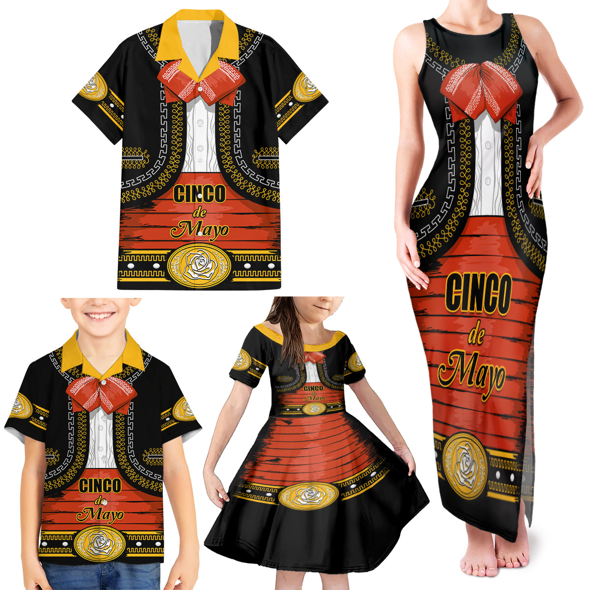 Cinco de Mayo 2024 Family Matching Tank Maxi Dress and Hawaiian Shirt Traje de Charro Style - Wonder Print Shop