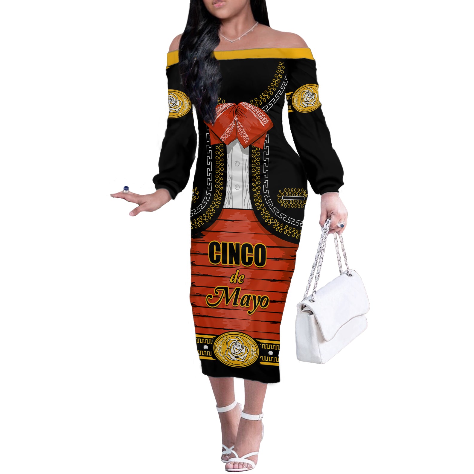 Cinco de Mayo 2024 Off The Shoulder Long Sleeve Dress Traje de Charro Style - Wonder Print Shop