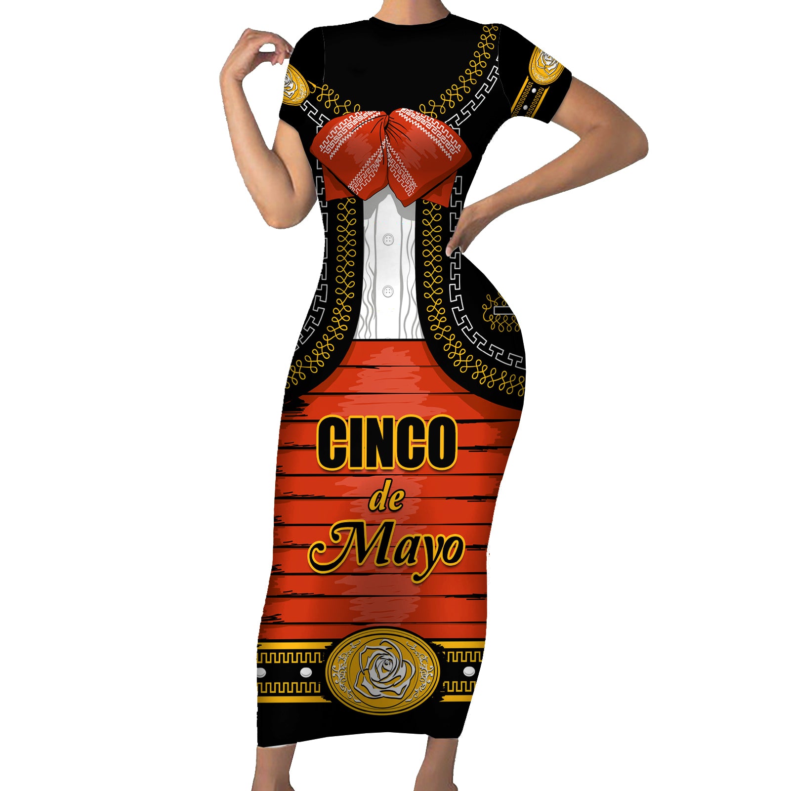Cinco de Mayo 2024 Short Sleeve Bodycon Dress Traje de Charro Style - Wonder Print Shop