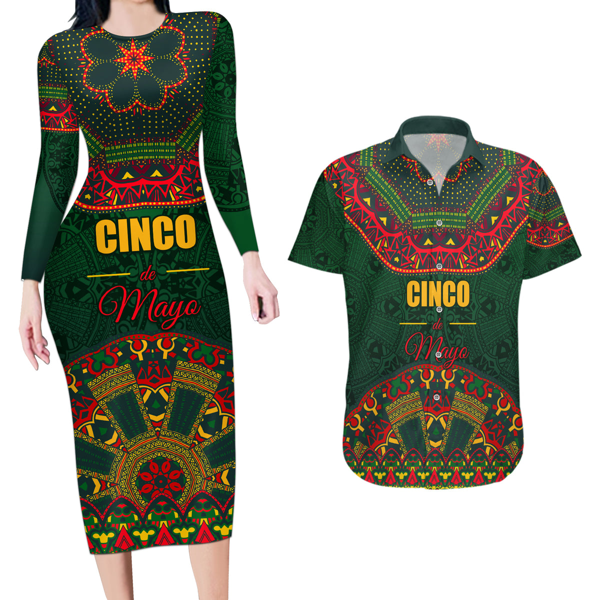 Cinco de Mayo 2024 Couples Matching Long Sleeve Bodycon Dress and Hawaiian Shirt Mexican Folk Pattern - Wonder Print Shop