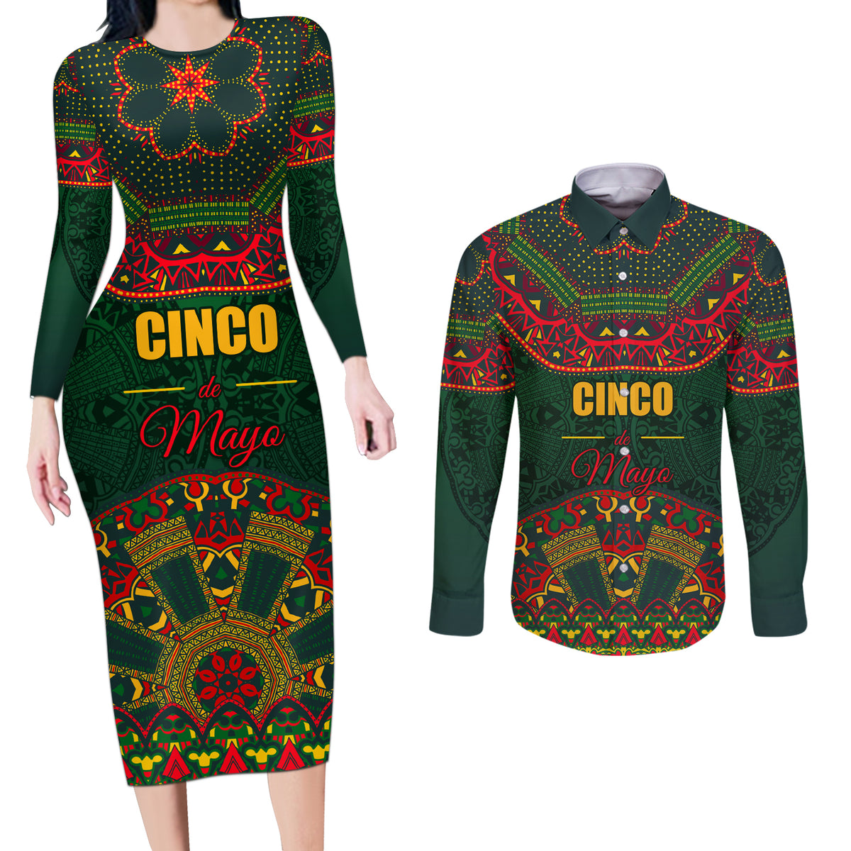 Cinco de Mayo 2024 Couples Matching Long Sleeve Bodycon Dress and Long Sleeve Button Shirt Mexican Folk Pattern - Wonder Print Shop