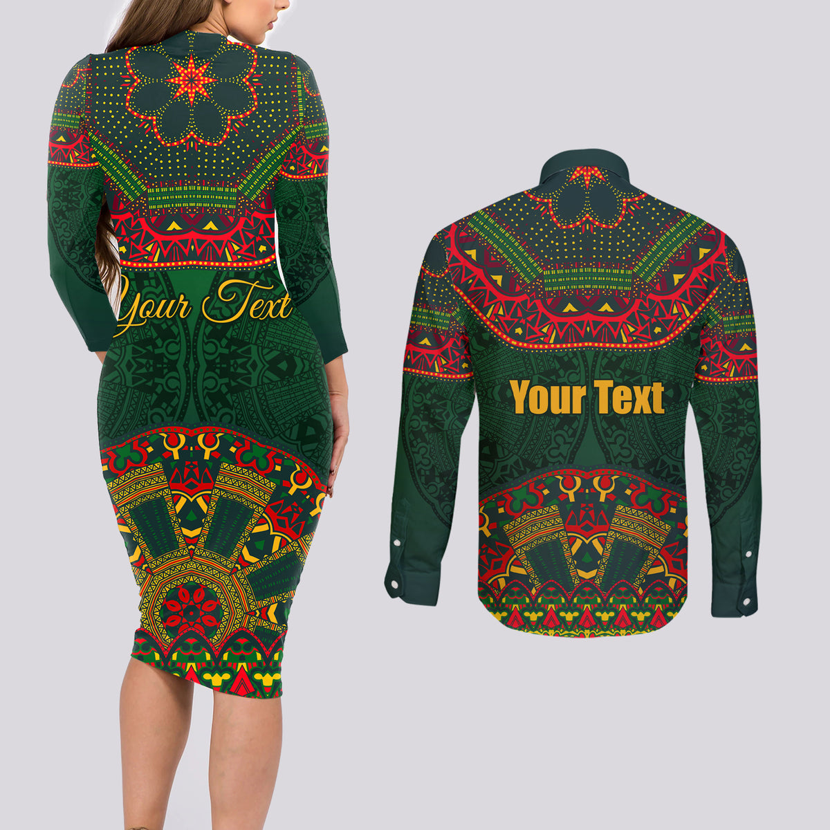 Cinco de Mayo 2024 Couples Matching Long Sleeve Bodycon Dress and Long Sleeve Button Shirt Mexican Folk Pattern - Wonder Print Shop