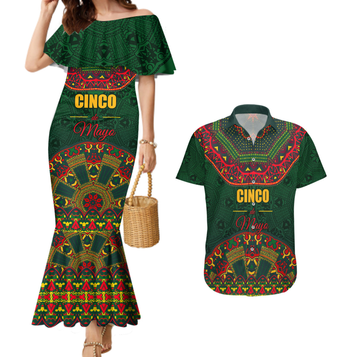 Cinco de Mayo 2024 Couples Matching Mermaid Dress and Hawaiian Shirt Mexican Folk Pattern - Wonder Print Shop
