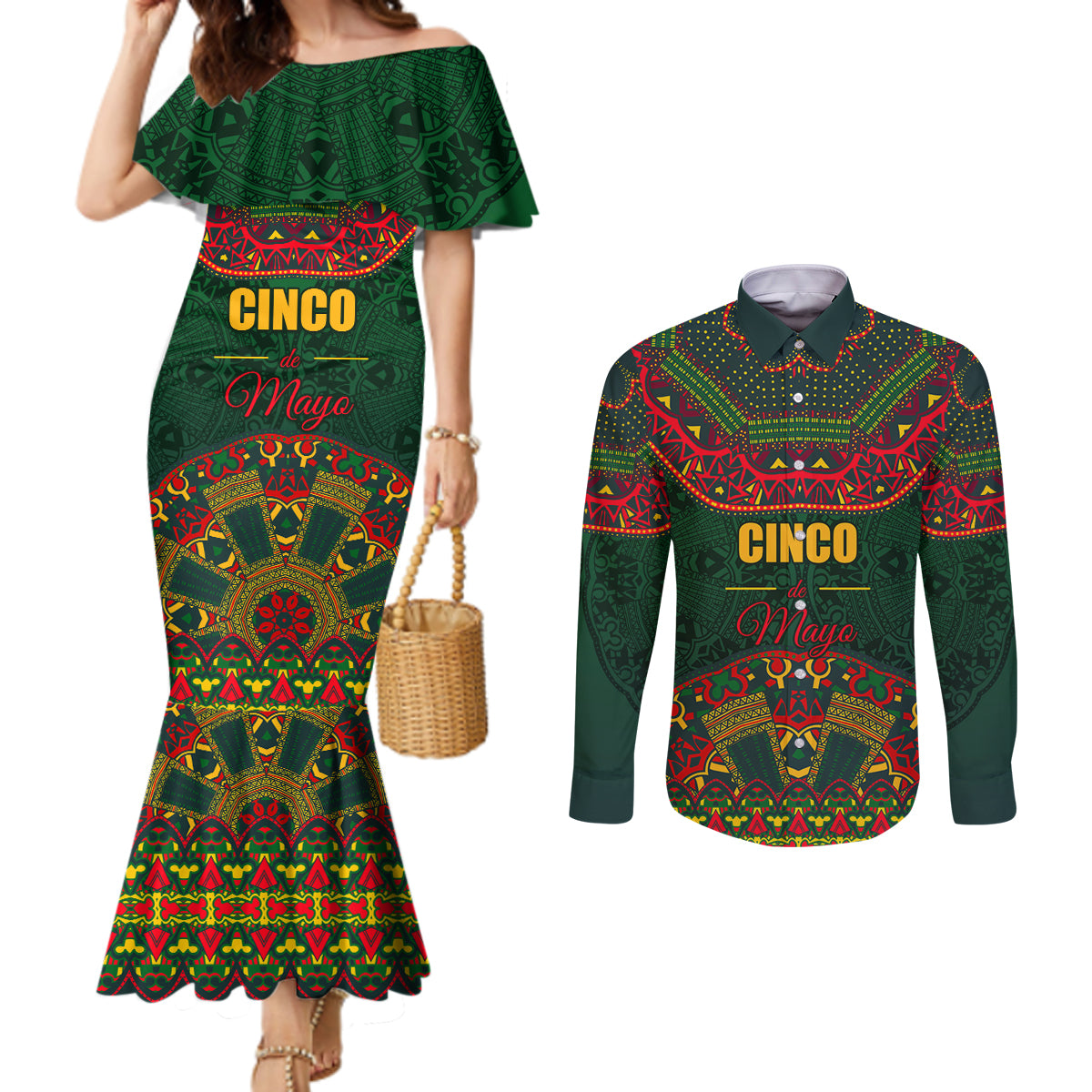 Cinco de Mayo 2024 Couples Matching Mermaid Dress and Long Sleeve Button Shirt Mexican Folk Pattern