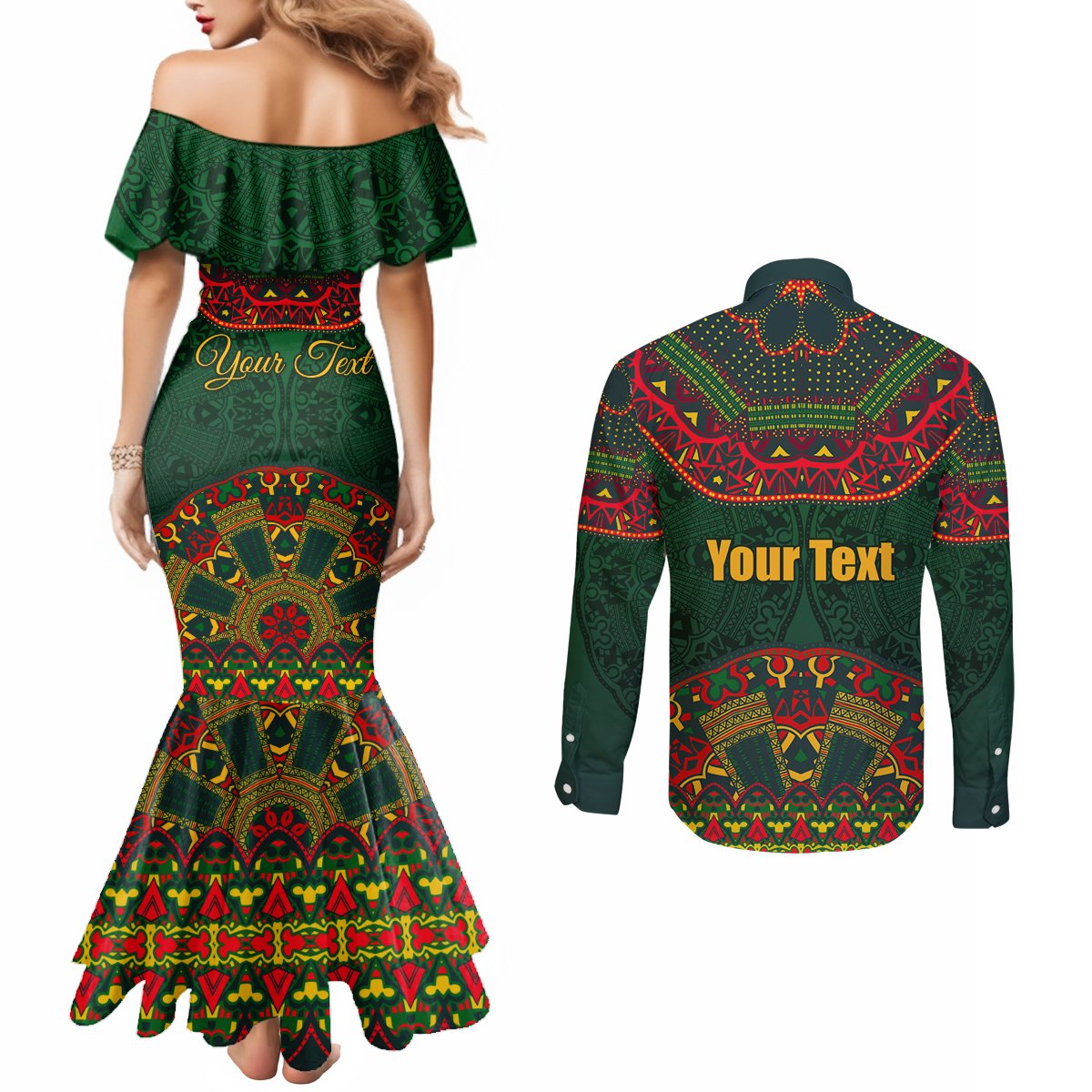 Cinco de Mayo 2024 Couples Matching Mermaid Dress and Long Sleeve Button Shirt Mexican Folk Pattern