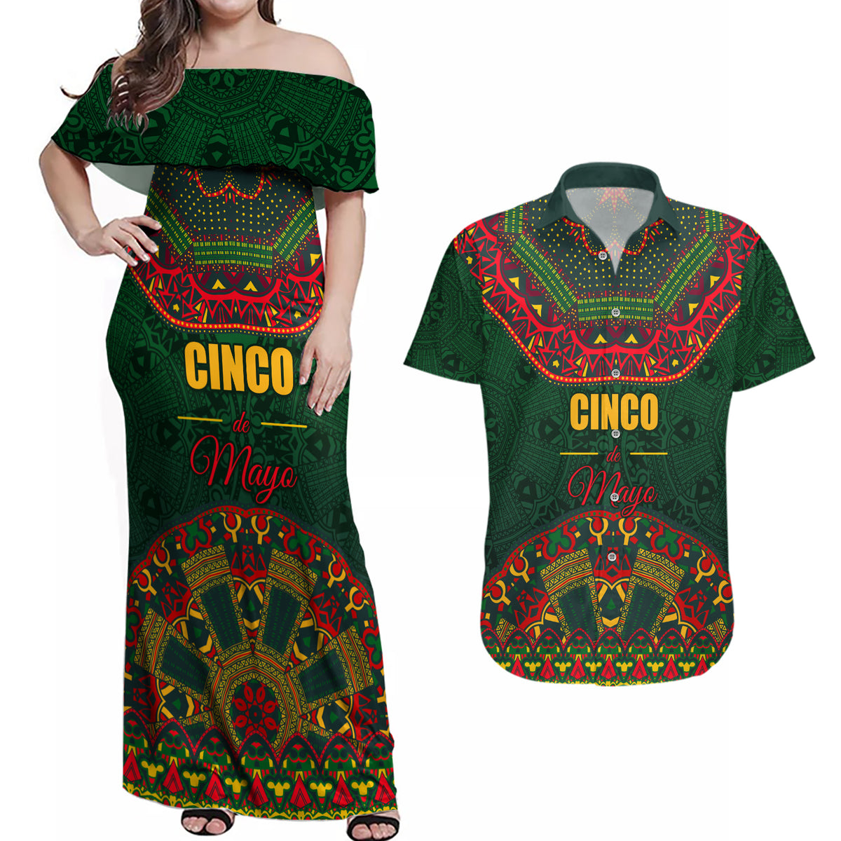 Cinco de Mayo 2024 Couples Matching Off Shoulder Maxi Dress and Hawaiian Shirt Mexican Folk Pattern - Wonder Print Shop