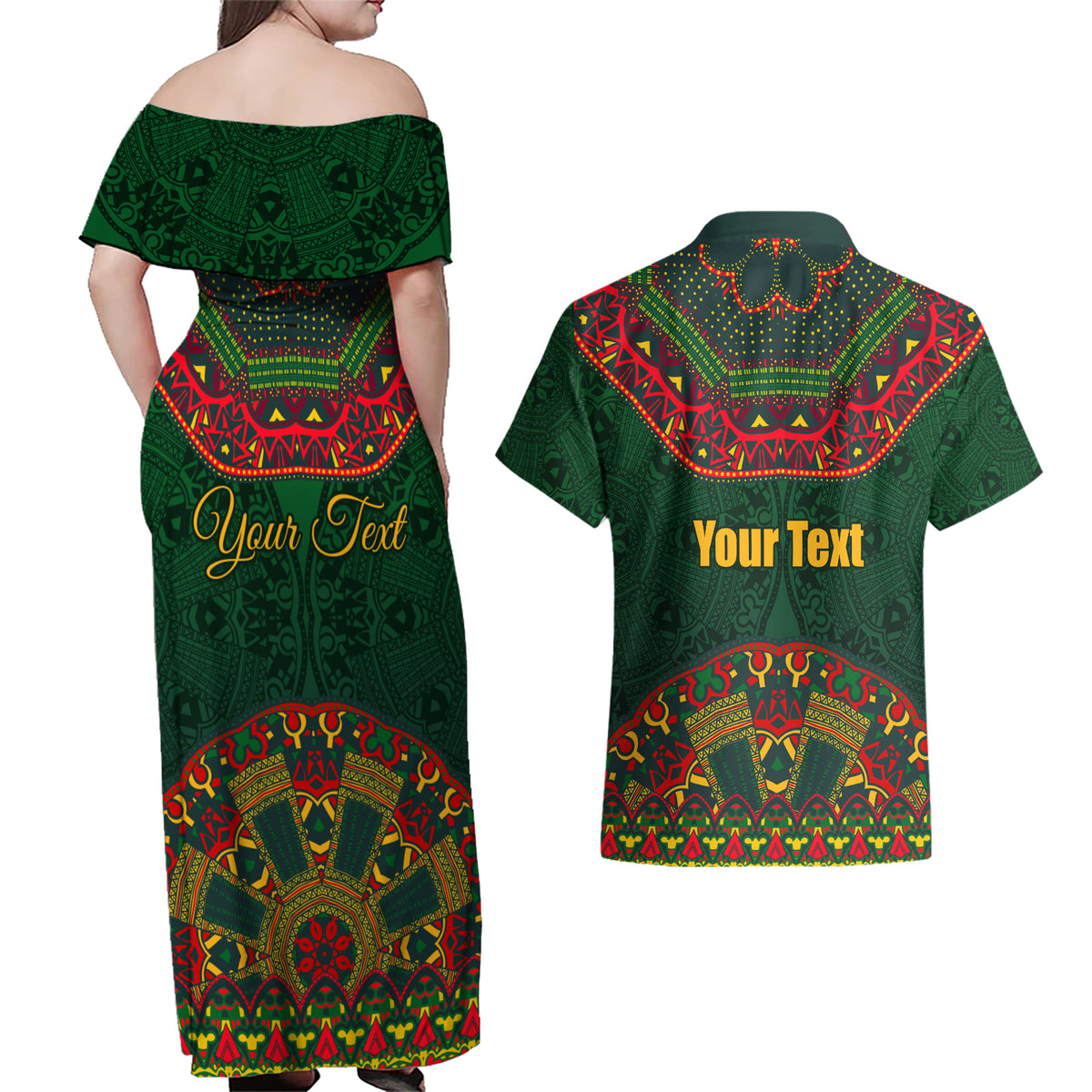 Cinco de Mayo 2024 Couples Matching Off Shoulder Maxi Dress and Hawaiian Shirt Mexican Folk Pattern - Wonder Print Shop