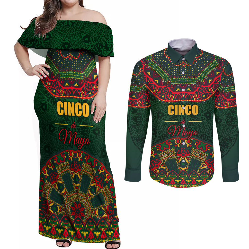 Cinco de Mayo 2024 Couples Matching Off Shoulder Maxi Dress and Long Sleeve Button Shirt Mexican Folk Pattern - Wonder Print Shop
