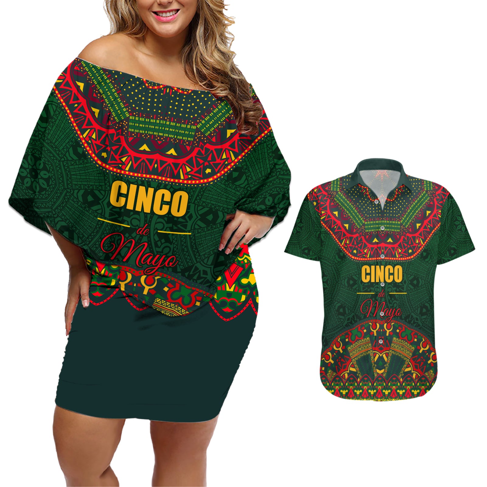 Cinco de Mayo 2024 Couples Matching Off Shoulder Short Dress and Hawaiian Shirt Mexican Folk Pattern - Wonder Print Shop