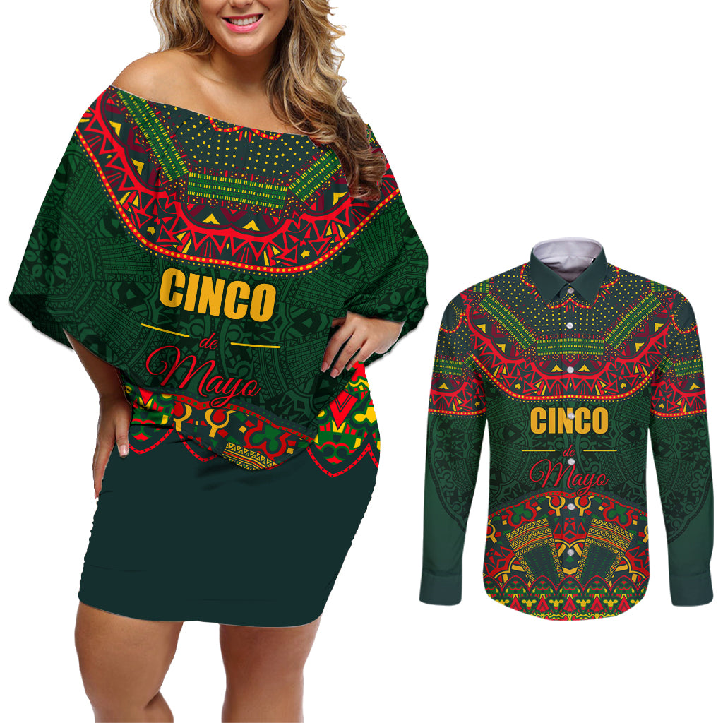 Cinco de Mayo 2024 Couples Matching Off Shoulder Short Dress and Long Sleeve Button Shirt Mexican Folk Pattern - Wonder Print Shop