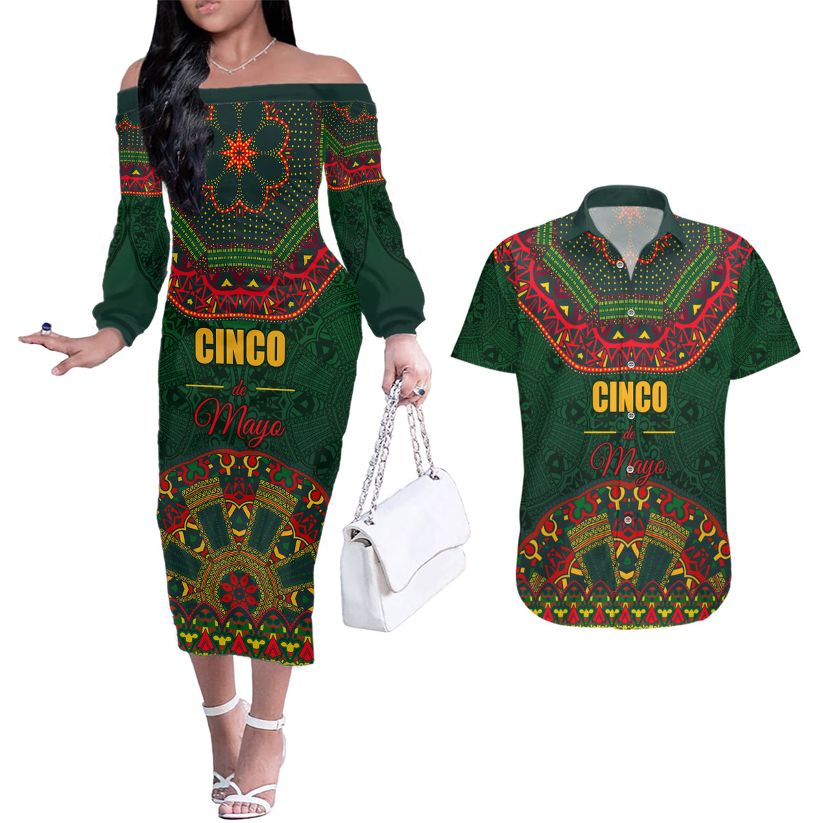 Cinco de Mayo 2024 Couples Matching Off The Shoulder Long Sleeve Dress and Hawaiian Shirt Mexican Folk Pattern - Wonder Print Shop