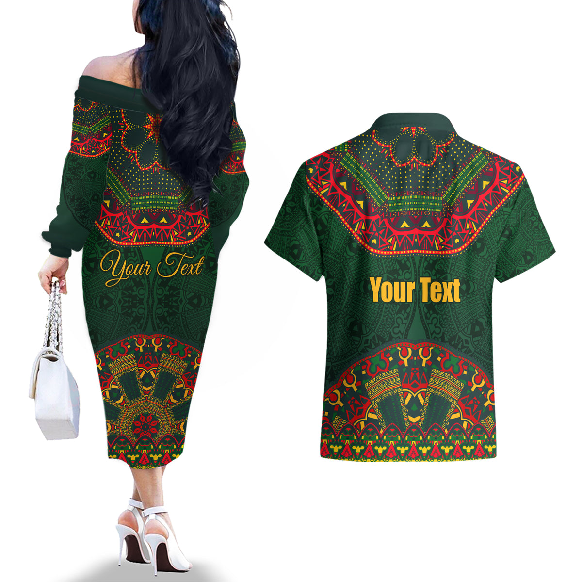Cinco de Mayo 2024 Couples Matching Off The Shoulder Long Sleeve Dress and Hawaiian Shirt Mexican Folk Pattern - Wonder Print Shop