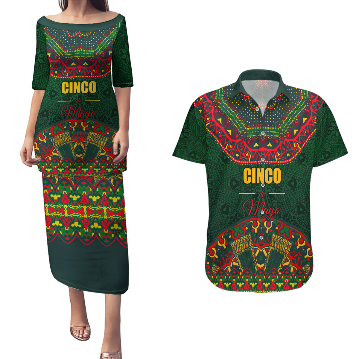 Cinco de Mayo 2024 Couples Matching Puletasi and Hawaiian Shirt Mexican Folk Pattern - Wonder Print Shop