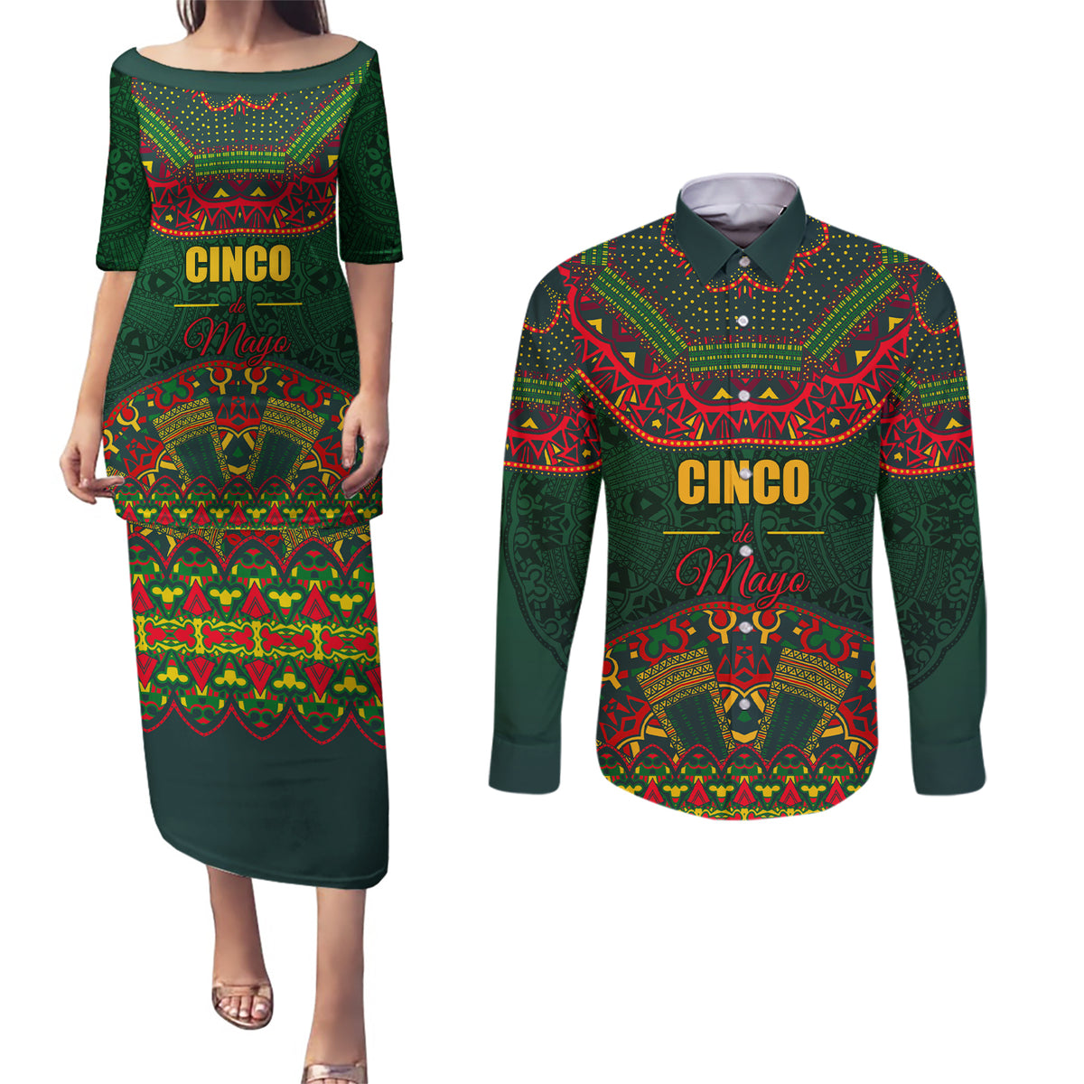 Cinco de Mayo 2024 Couples Matching Puletasi and Long Sleeve Button Shirt Mexican Folk Pattern - Wonder Print Shop