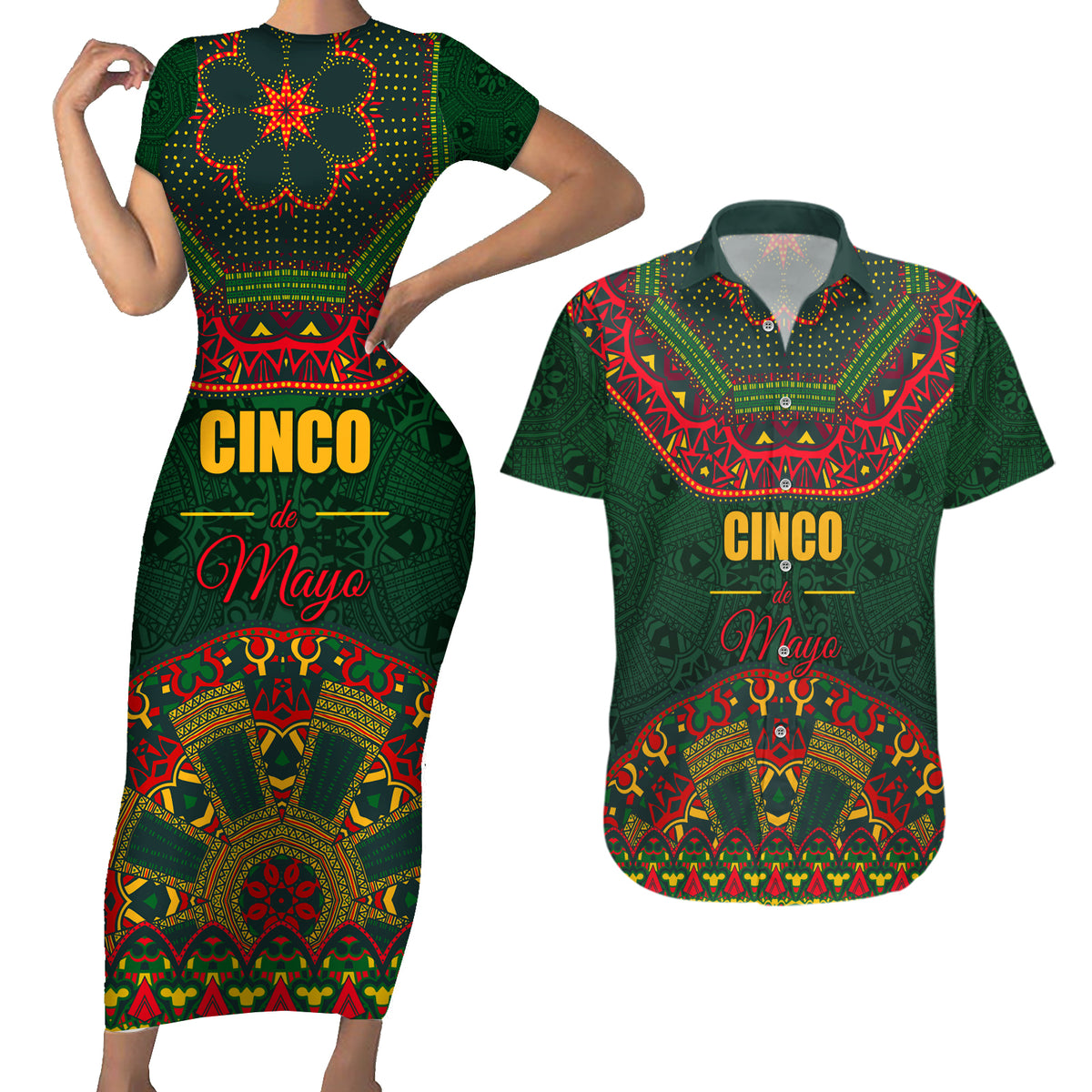 Cinco de Mayo 2024 Couples Matching Short Sleeve Bodycon Dress and Hawaiian Shirt Mexican Folk Pattern - Wonder Print Shop
