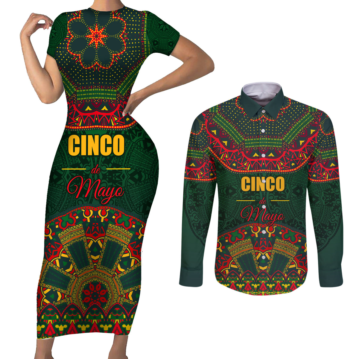 Cinco de Mayo 2024 Couples Matching Short Sleeve Bodycon Dress and Long Sleeve Button Shirt Mexican Folk Pattern - Wonder Print Shop