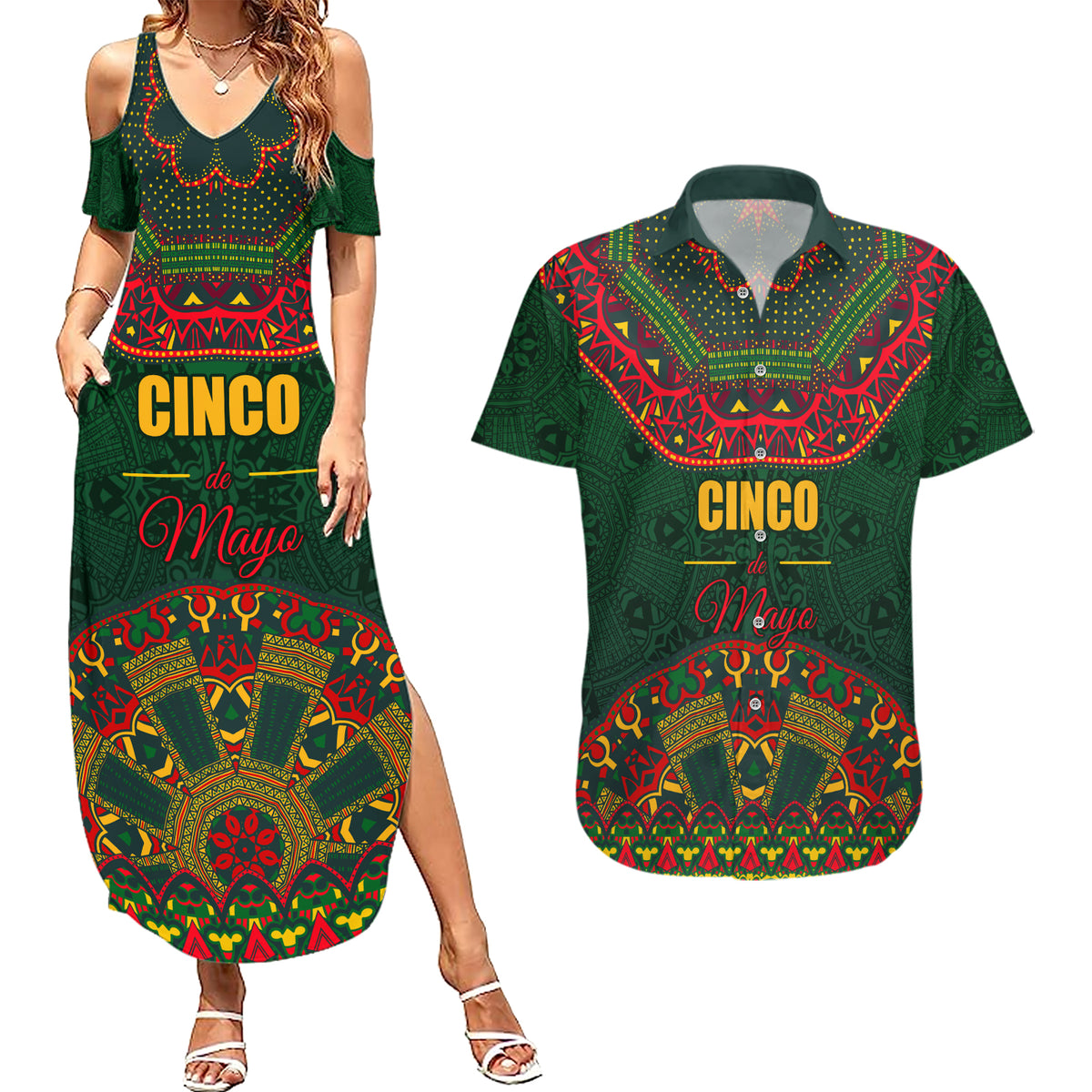 Cinco de Mayo 2024 Couples Matching Summer Maxi Dress and Hawaiian Shirt Mexican Folk Pattern - Wonder Print Shop