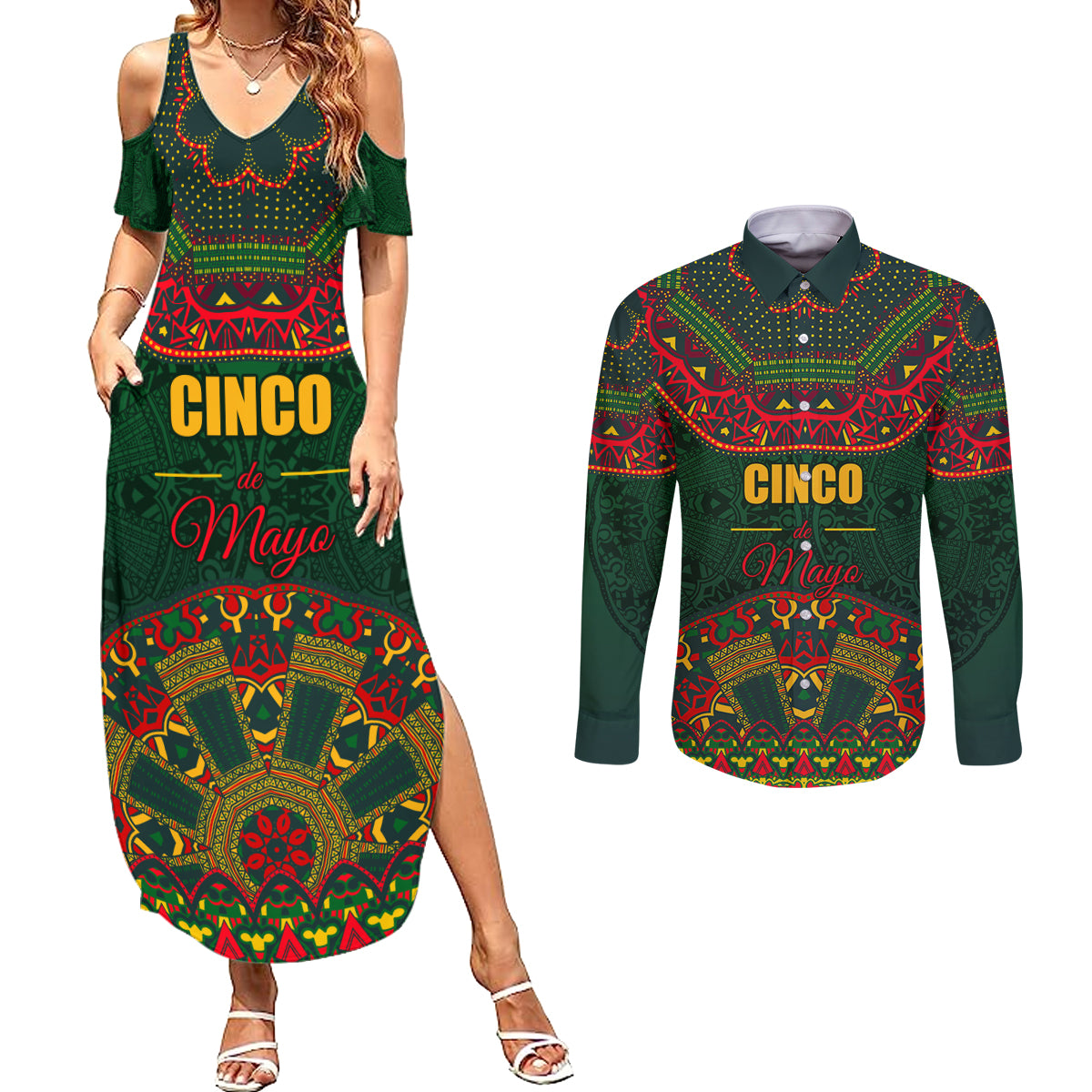 Cinco de Mayo 2024 Couples Matching Summer Maxi Dress and Long Sleeve Button Shirt Mexican Folk Pattern - Wonder Print Shop