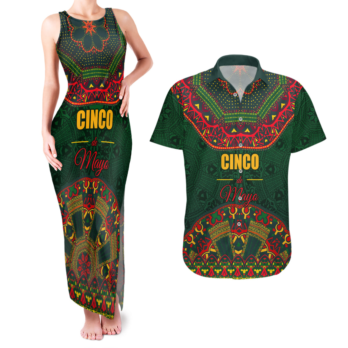Cinco de Mayo 2024 Couples Matching Tank Maxi Dress and Hawaiian Shirt Mexican Folk Pattern - Wonder Print Shop