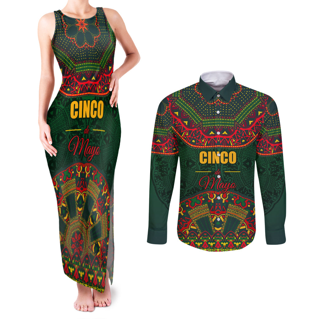 Cinco de Mayo 2024 Couples Matching Tank Maxi Dress and Long Sleeve Button Shirt Mexican Folk Pattern - Wonder Print Shop