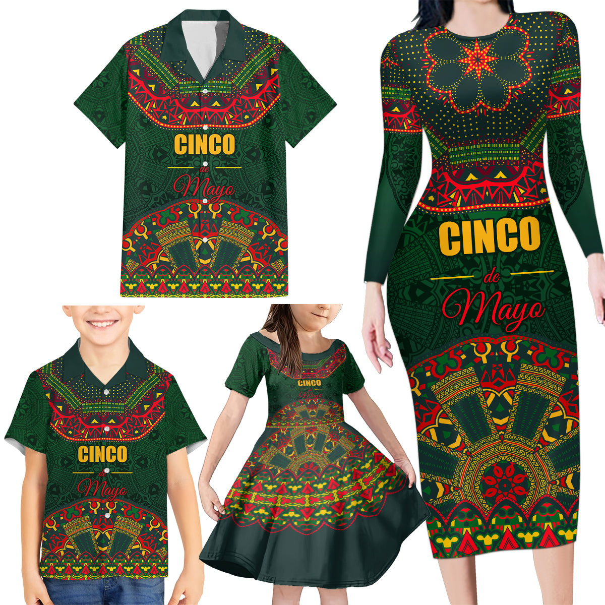 Cinco de Mayo 2024 Family Matching Long Sleeve Bodycon Dress and Hawaiian Shirt Mexican Folk Pattern - Wonder Print Shop