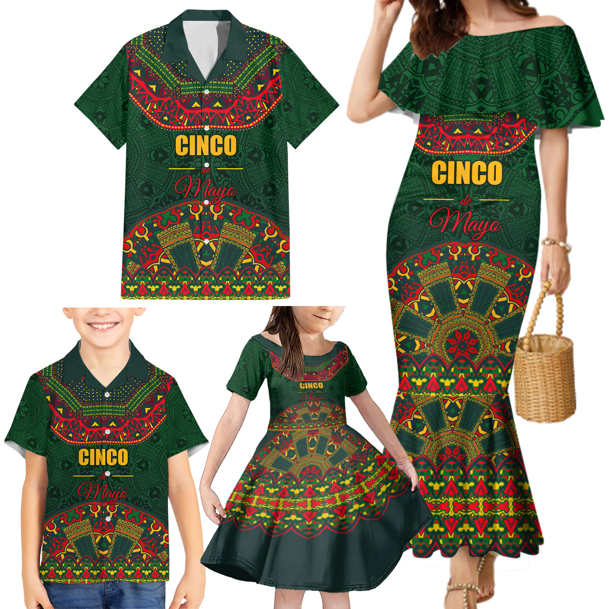 Cinco de Mayo 2024 Family Matching Mermaid Dress and Hawaiian Shirt Mexican Folk Pattern - Wonder Print Shop