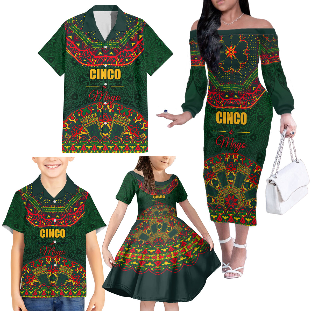 Cinco de Mayo 2024 Family Matching Off The Shoulder Long Sleeve Dress and Hawaiian Shirt Mexican Folk Pattern - Wonder Print Shop