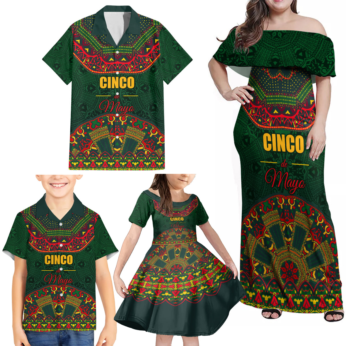 Cinco de Mayo 2024 Family Matching Off Shoulder Maxi Dress and Hawaiian Shirt Mexican Folk Pattern - Wonder Print Shop