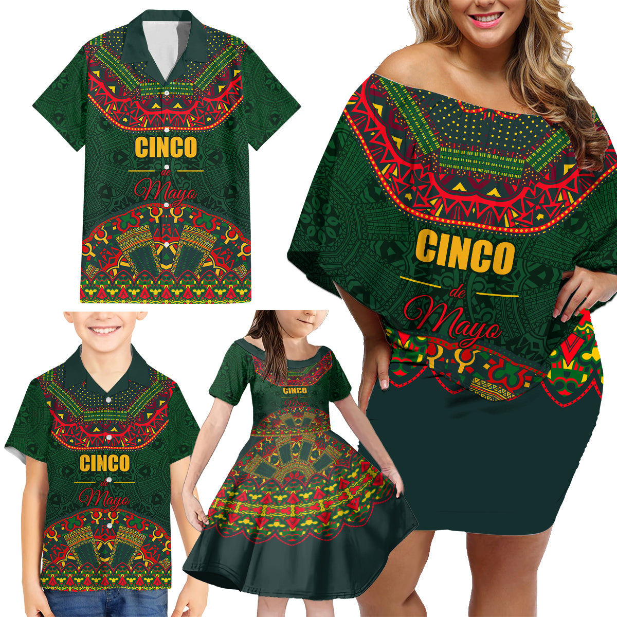 Cinco de Mayo 2024 Family Matching Off Shoulder Short Dress and Hawaiian Shirt Mexican Folk Pattern - Wonder Print Shop