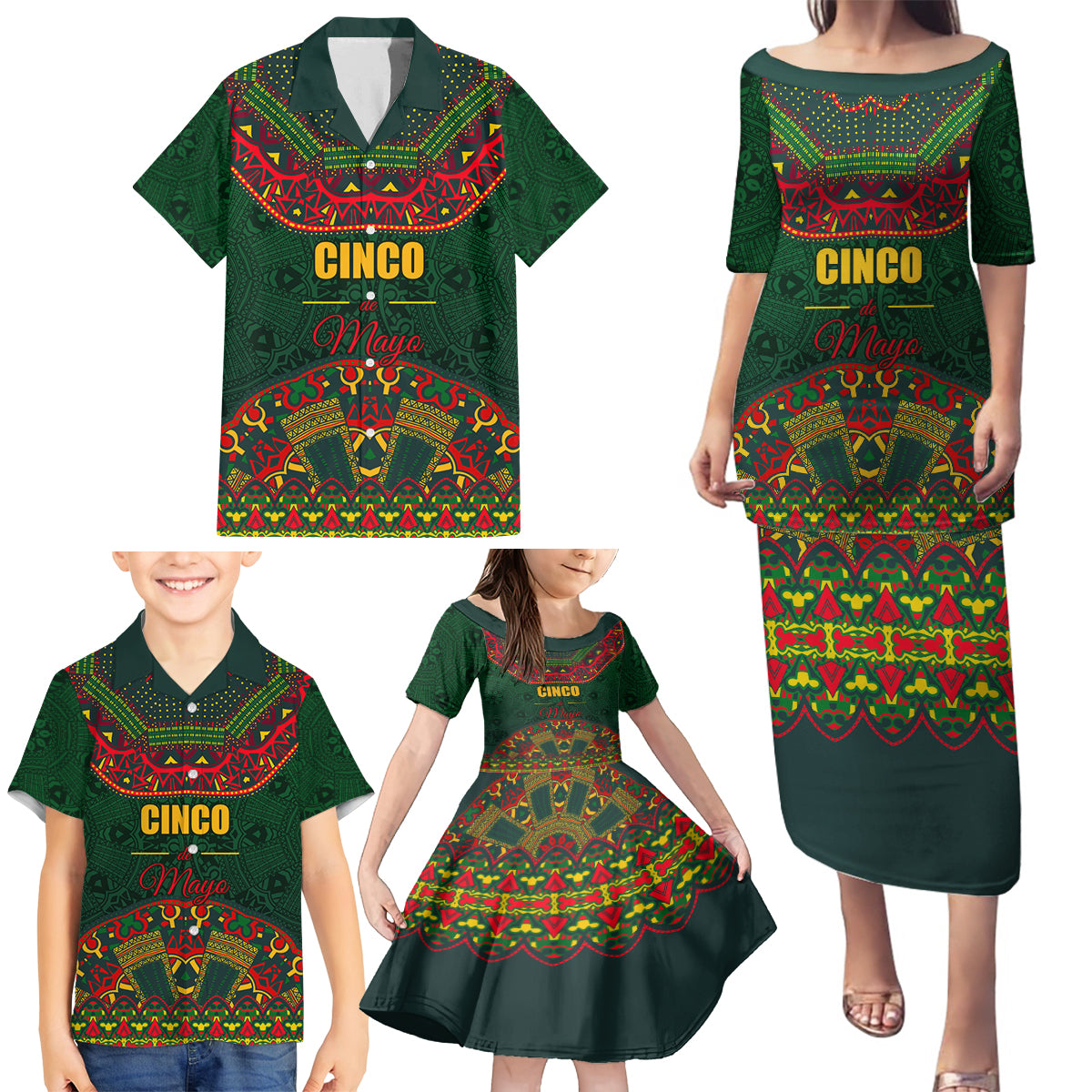 Cinco de Mayo 2024 Family Matching Puletasi and Hawaiian Shirt Mexican Folk Pattern - Wonder Print Shop