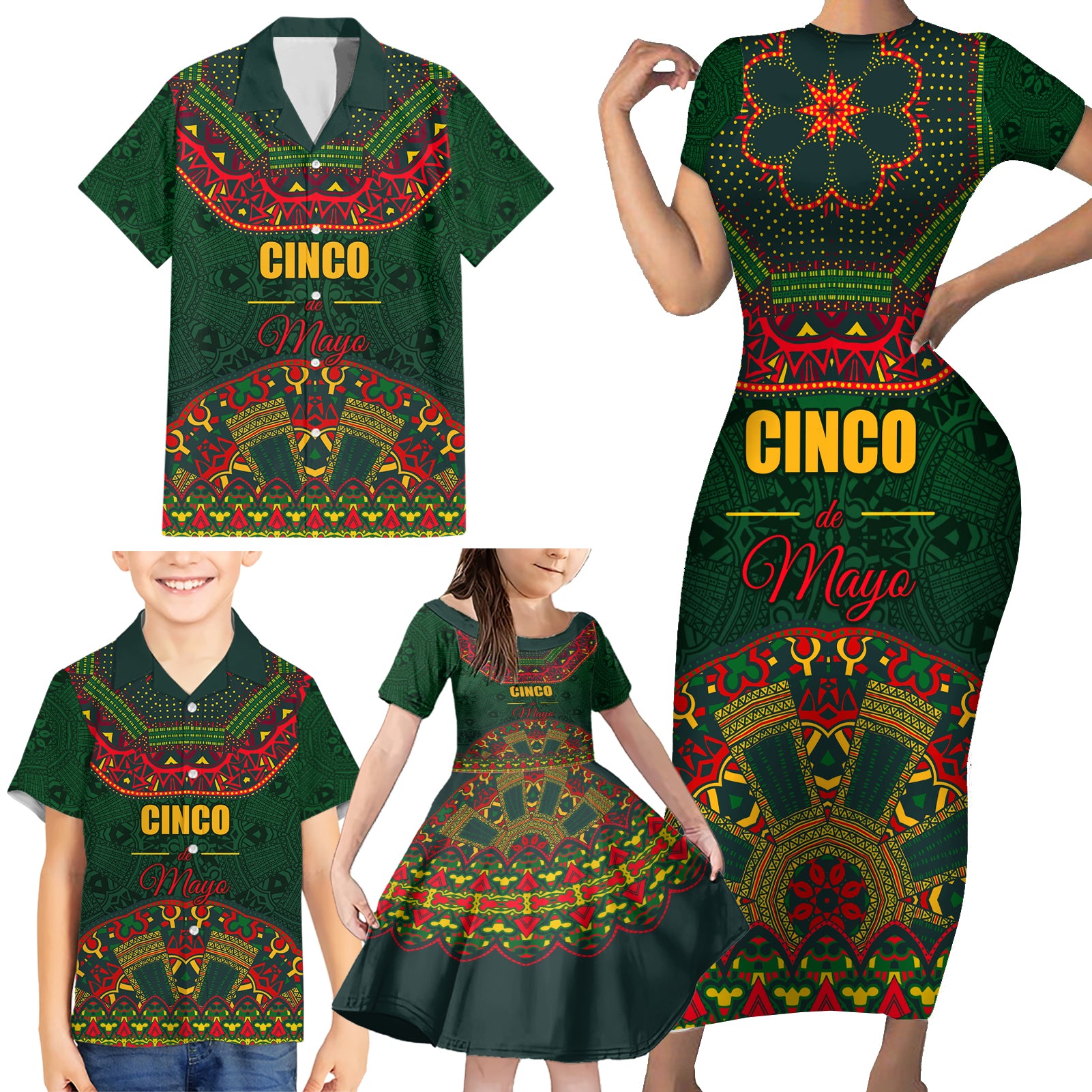 Cinco de Mayo 2024 Family Matching Short Sleeve Bodycon Dress and Hawaiian Shirt Mexican Folk Pattern - Wonder Print Shop