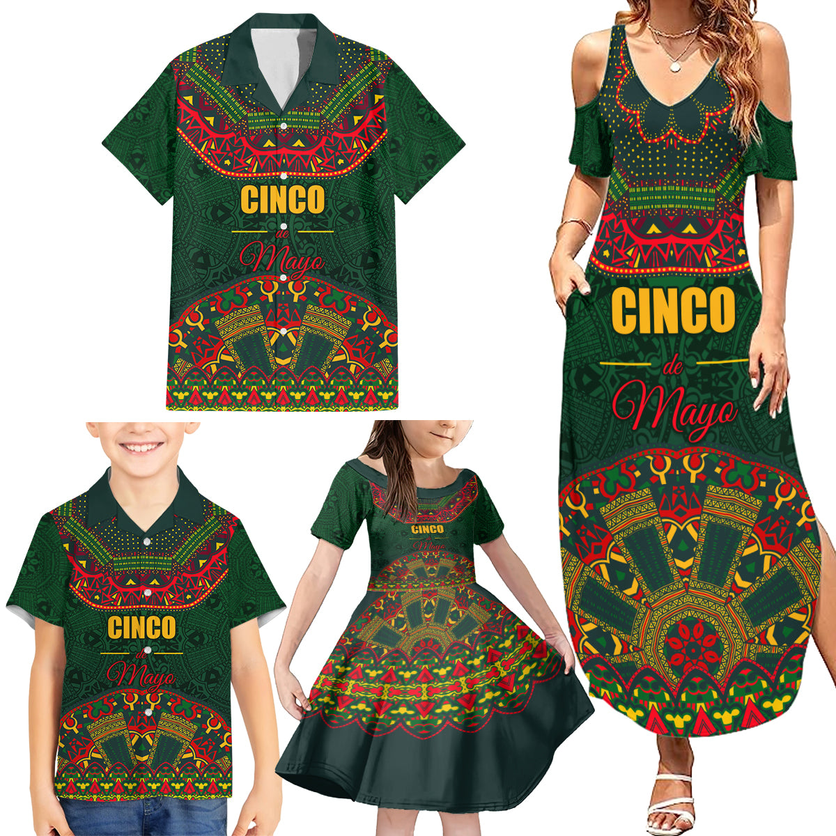 Cinco de Mayo 2024 Family Matching Summer Maxi Dress and Hawaiian Shirt Mexican Folk Pattern - Wonder Print Shop