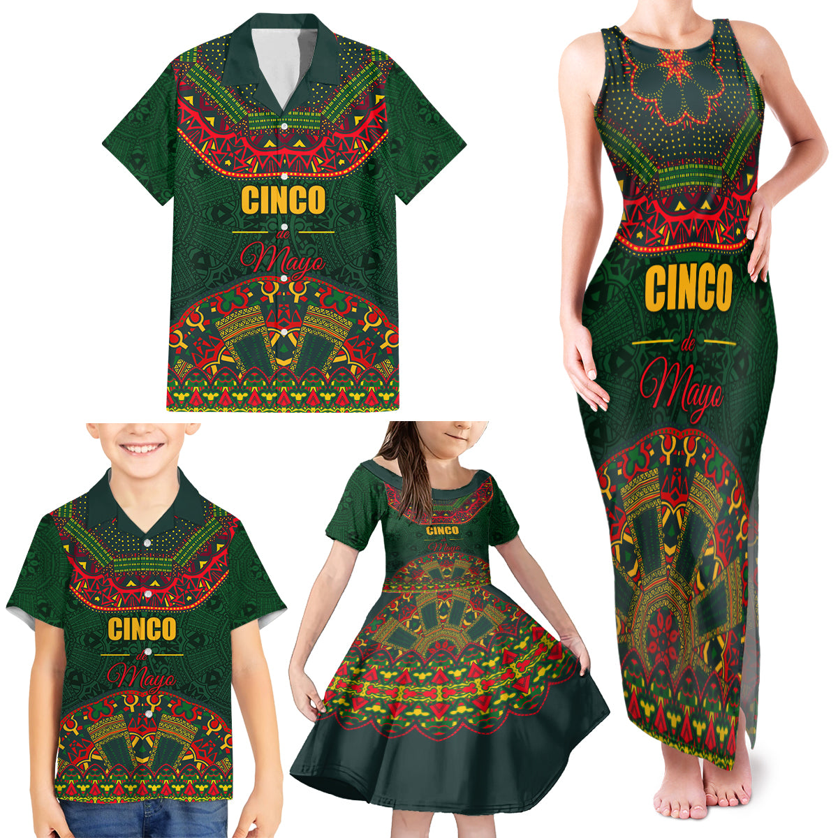 Cinco de Mayo 2024 Family Matching Tank Maxi Dress and Hawaiian Shirt Mexican Folk Pattern - Wonder Print Shop