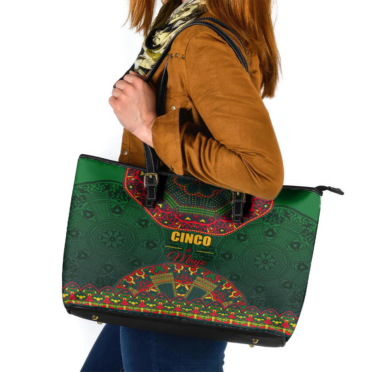 Cinco de Mayo 2024 Leather Tote Bag Mexican Folk Pattern - Wonder Print Shop