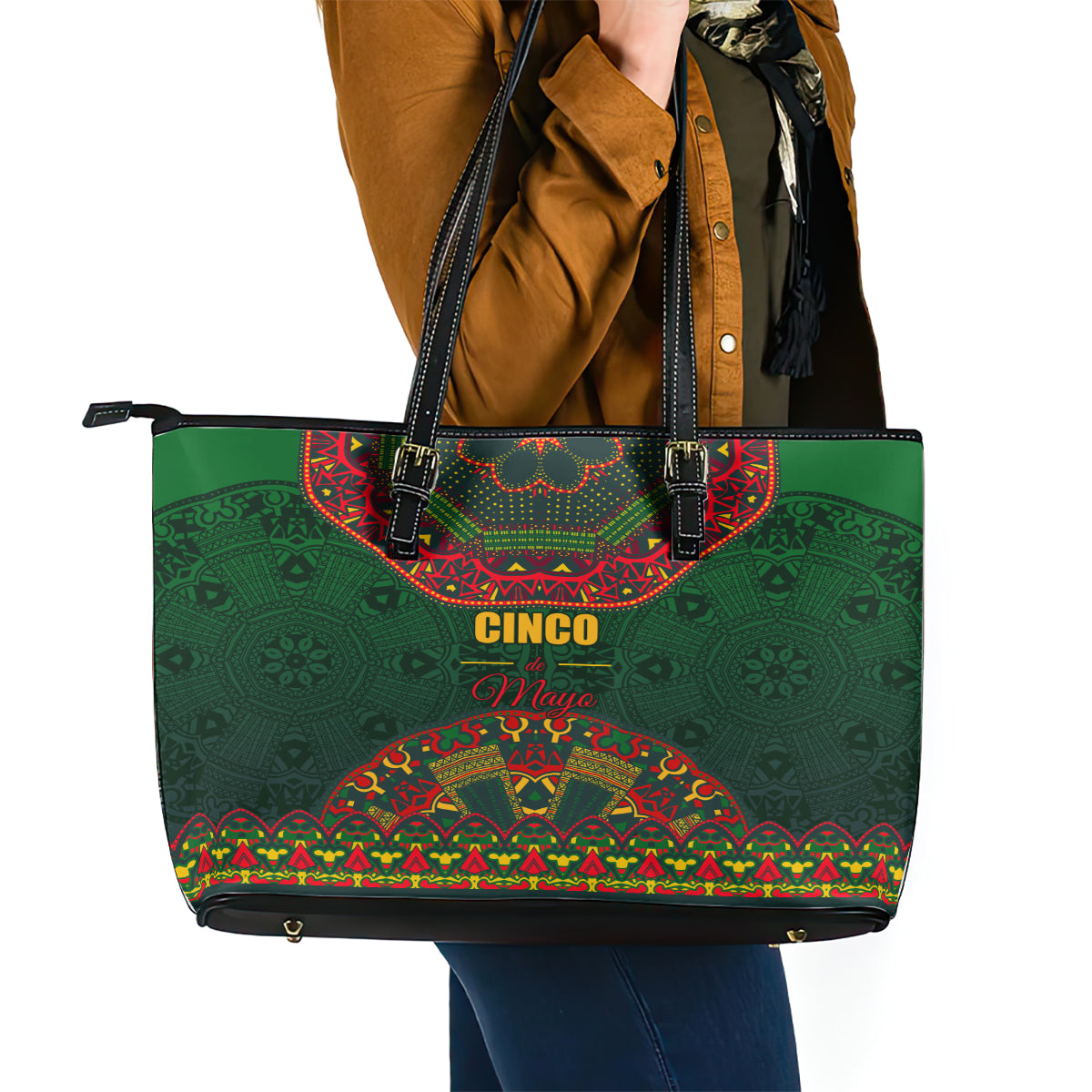 Cinco de Mayo 2024 Leather Tote Bag Mexican Folk Pattern - Wonder Print Shop