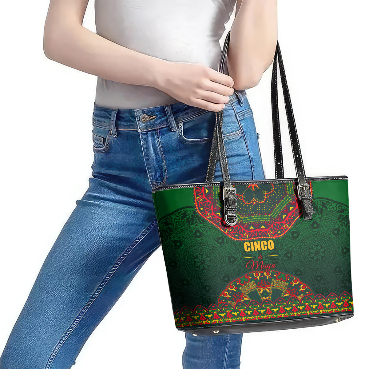 Cinco de Mayo 2024 Leather Tote Bag Mexican Folk Pattern - Wonder Print Shop