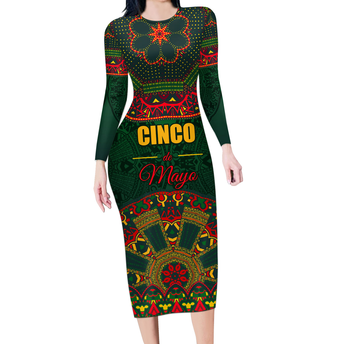 Cinco de Mayo 2024 Long Sleeve Bodycon Dress Mexican Folk Pattern - Wonder Print Shop