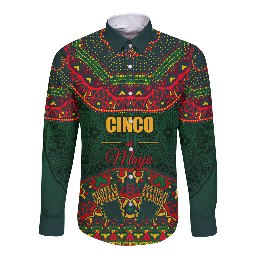 Cinco de Mayo 2024 Long Sleeve Button Shirt Mexican Folk Pattern - Wonder Print Shop