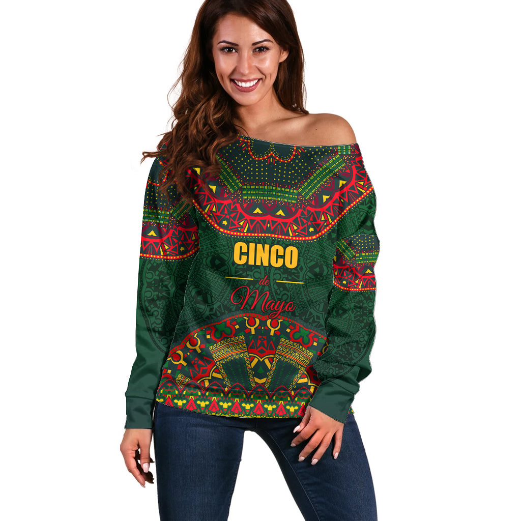 Cinco de Mayo 2024 Off Shoulder Sweater Mexican Folk Pattern - Wonder Print Shop