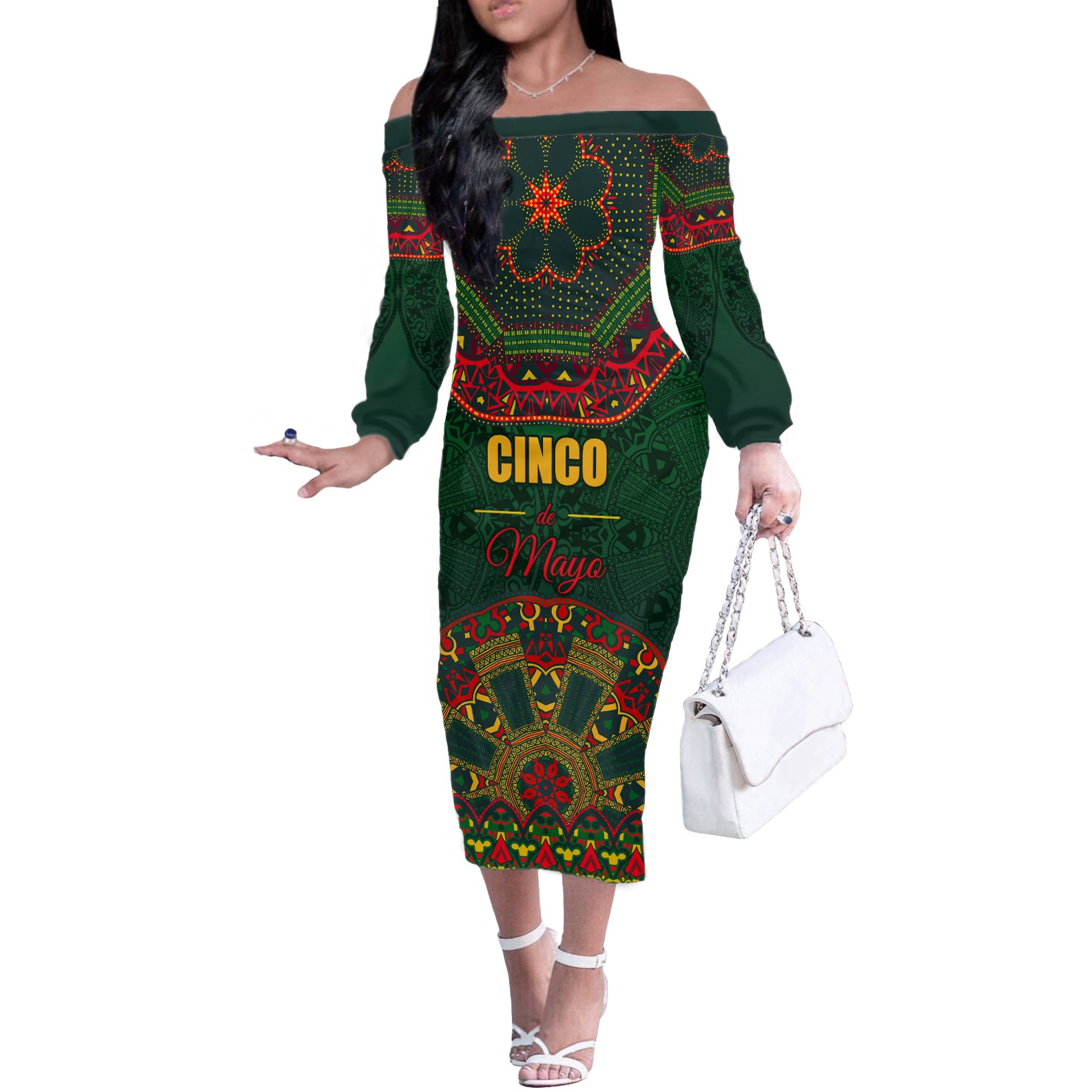 Cinco de Mayo 2024 Off The Shoulder Long Sleeve Dress Mexican Folk Pattern - Wonder Print Shop
