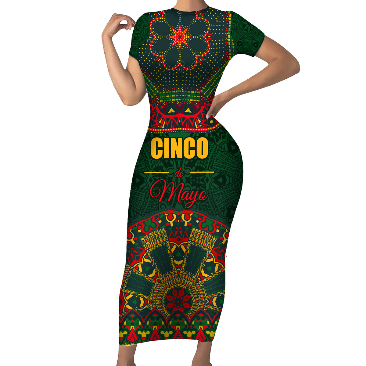Cinco de Mayo 2024 Short Sleeve Bodycon Dress Mexican Folk Pattern - Wonder Print Shop
