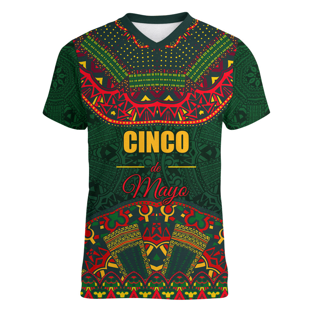 Cinco de Mayo 2024 Women V Neck T Shirt Mexican Folk Pattern - Wonder Print Shop