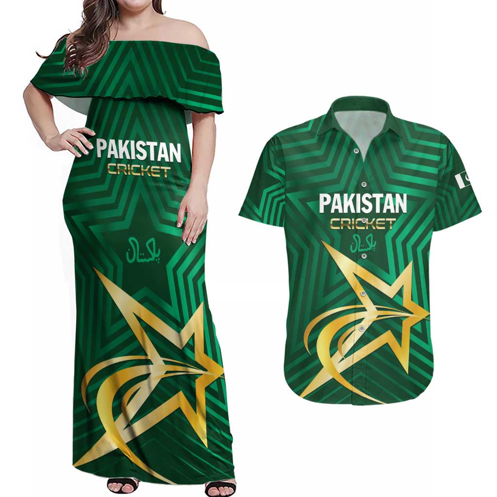 Custom Pakistan Cricket Couples Matching Off Shoulder Maxi Dress and Hawaiian Shirt The Boys In Green
