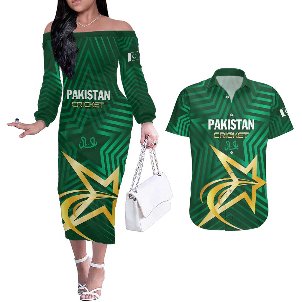 Custom Pakistan Cricket Couples Matching Off The Shoulder Long Sleeve Dress and Hawaiian Shirt The Boys In Green
