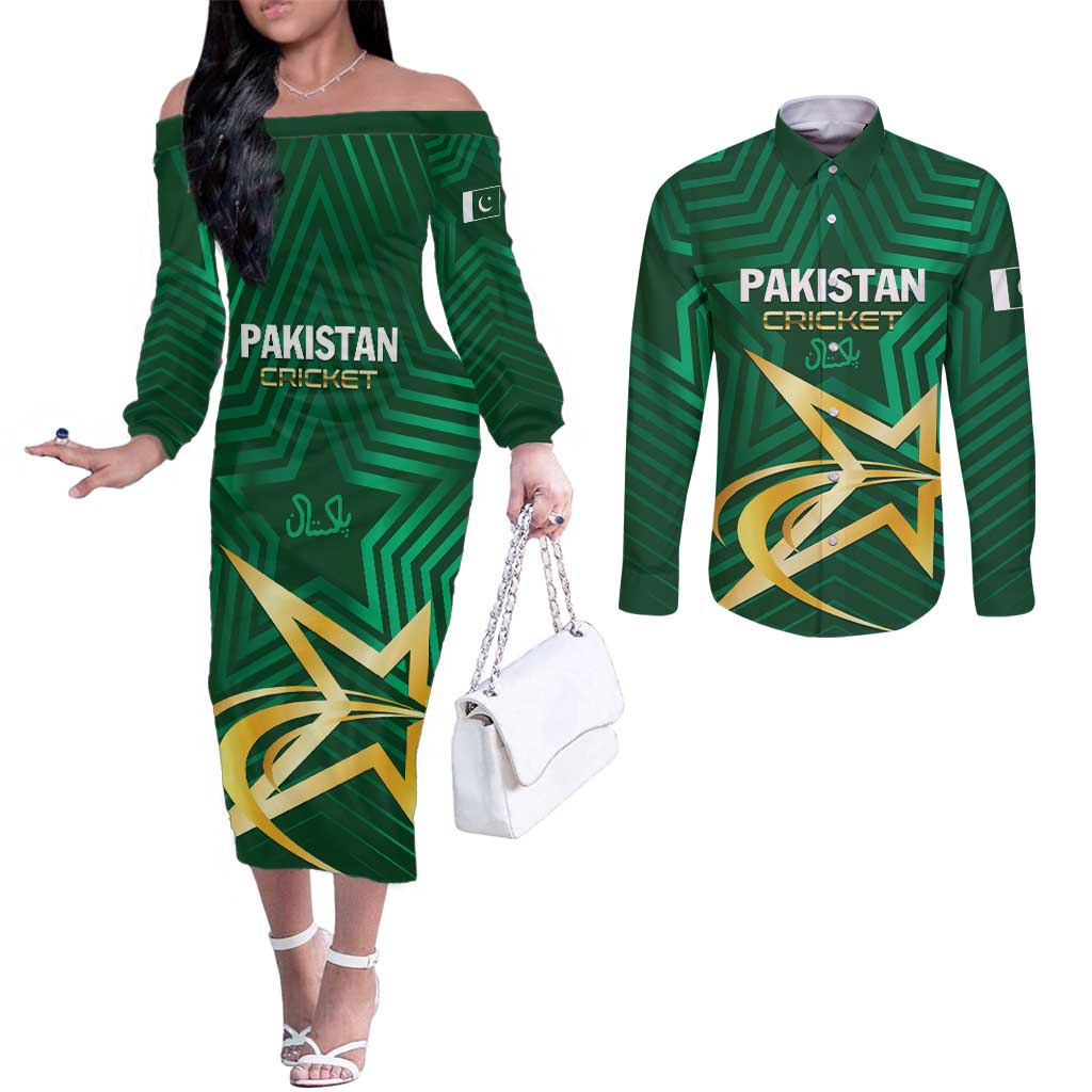 Custom Pakistan Cricket Couples Matching Off The Shoulder Long Sleeve Dress and Long Sleeve Button Shirt The Boys In Green