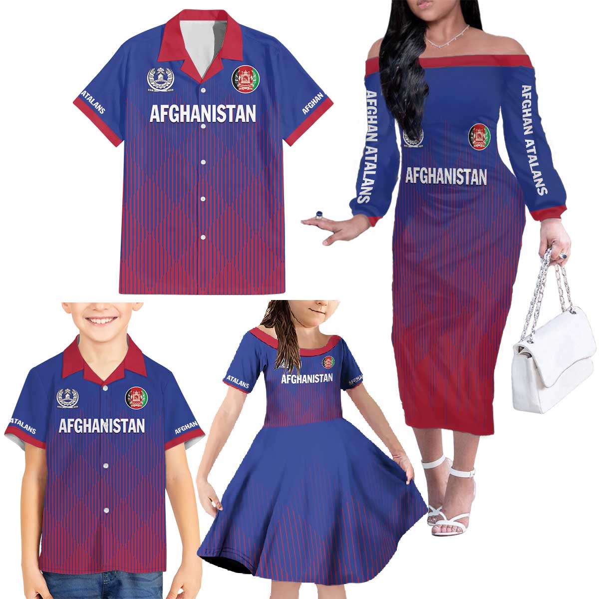 Custom Afghanistan Cricket Afghan Atalan Family Matching Off The Shoulder Long Sleeve Dress and Hawaiian Shirt Glorious Nation Victorious Team