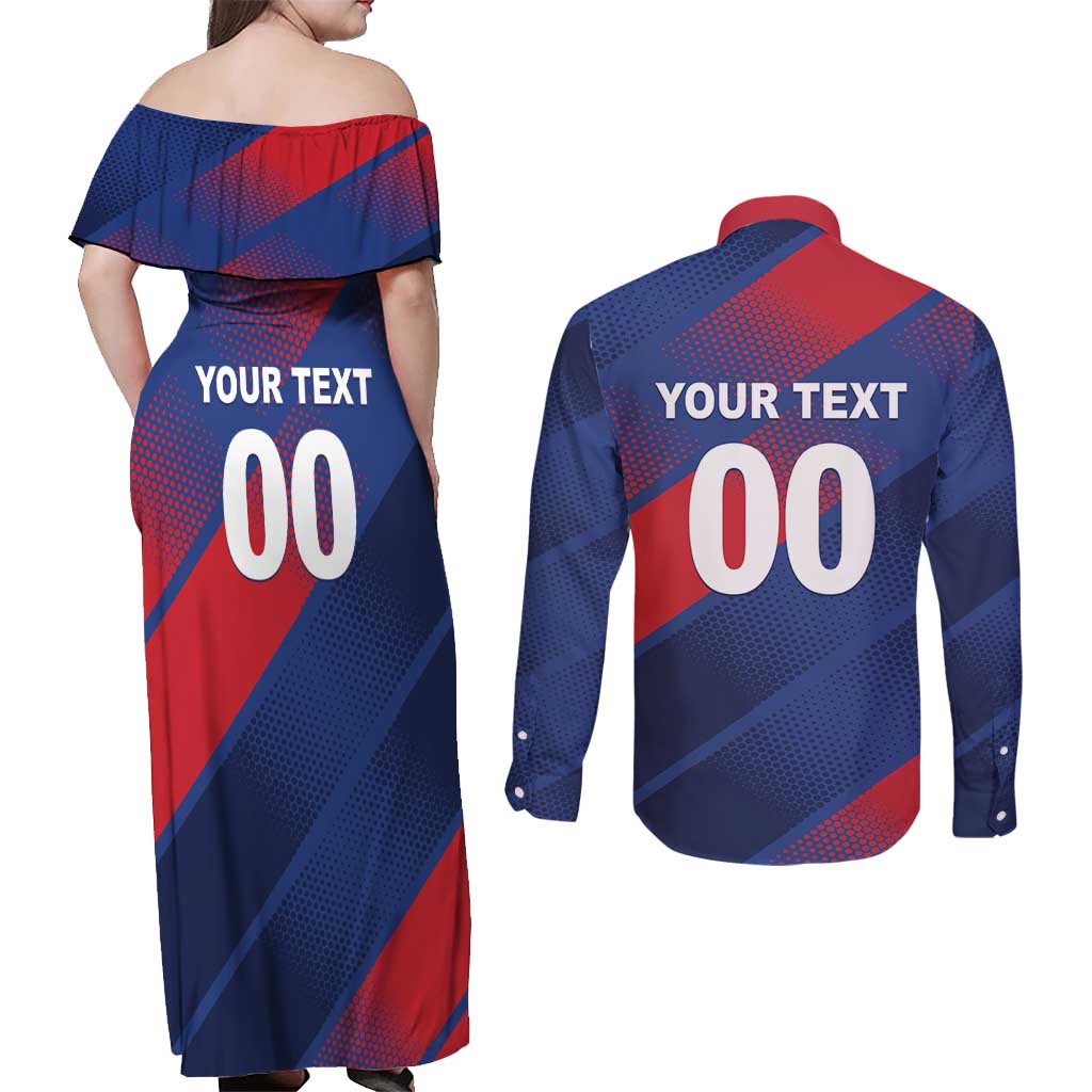 Custom England Cricket Couples Matching Off Shoulder Maxi Dress and Long Sleeve Button Shirt Come On Three Lions