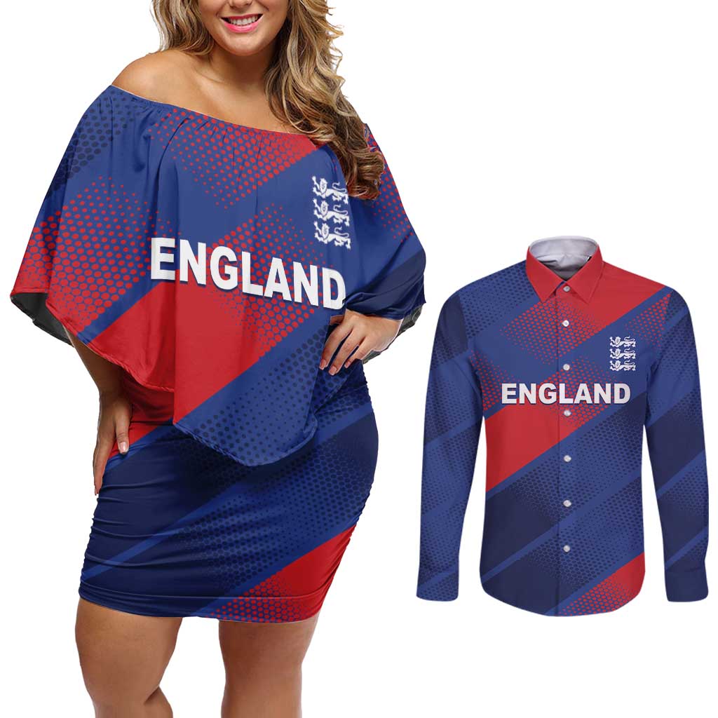 Custom England Cricket Couples Matching Off Shoulder Short Dress and Long Sleeve Button Shirt Come On Three Lions